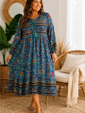 R. Vivimos Boho Floral Peasant Dress XL 16/18 Blue Pink Tassel Tie Midi